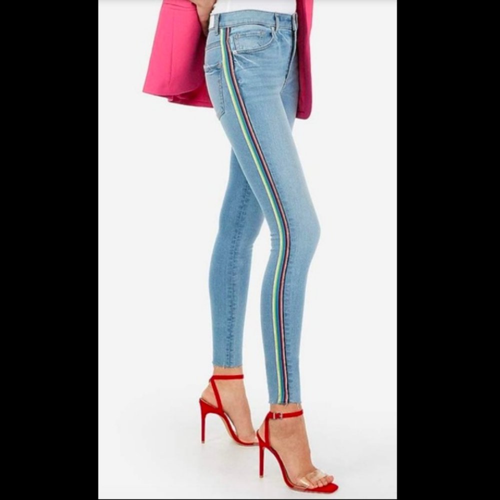 Express Light Blue Jeggings with Multicolor Side Stripe